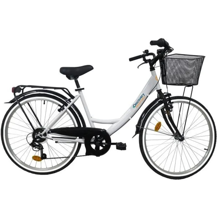vélo de ville femme discovery adventures 26" – 6 vitesses shimano – blanc avec panier vélo de ville femme discovery adventures 26" – 6 vitesses shimano – blanc avec panier