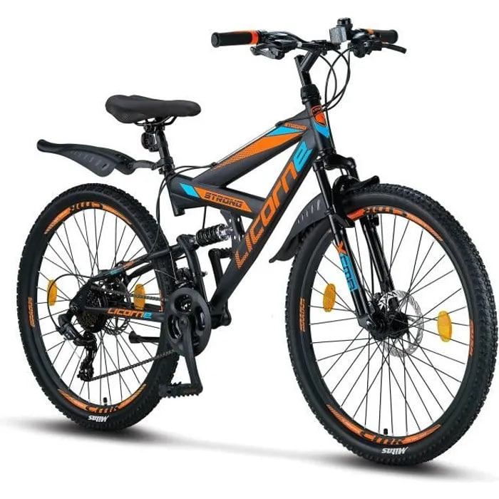 vtt licorne bike strong – tout suspendu – 21 vitesses shimano – freins à disque – noir & orange vtt licorne bike strong – tout suspendu – 21 vitesses shimano – freins à disque – noir & orange