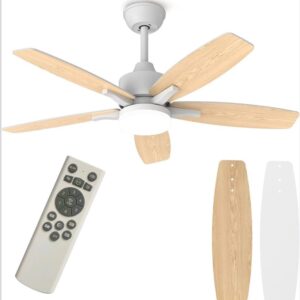 Ventilateur Plafonnier LED Réversible – 5 Pales Bois/Blanc, 6 Vitesses, Wi-Fi, Télécommande