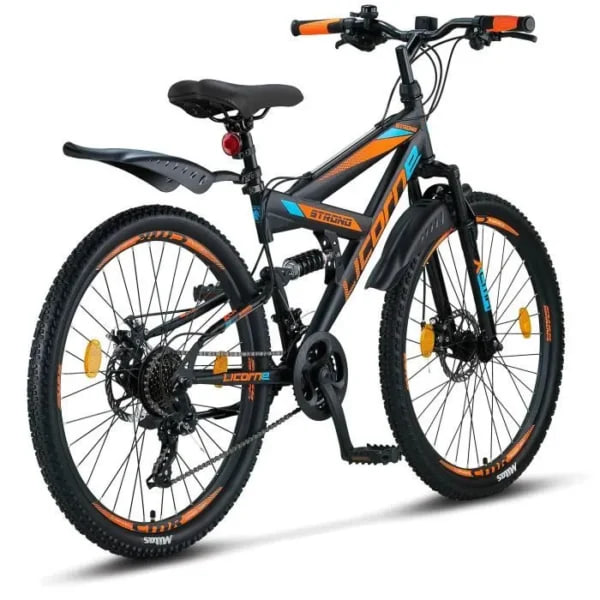 vtt licorne bike strong – tout suspendu – 21 vitesses shimano – freins à disque – noir & orange vtt licorne bike strong – tout suspendu – 21 vitesses shimano – freins à disque – noir & orange